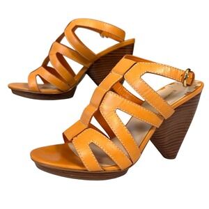 Y2K Boho Orange Leather Cage Sandals Heels 7.5M Max Studio Chunky Heel Chic